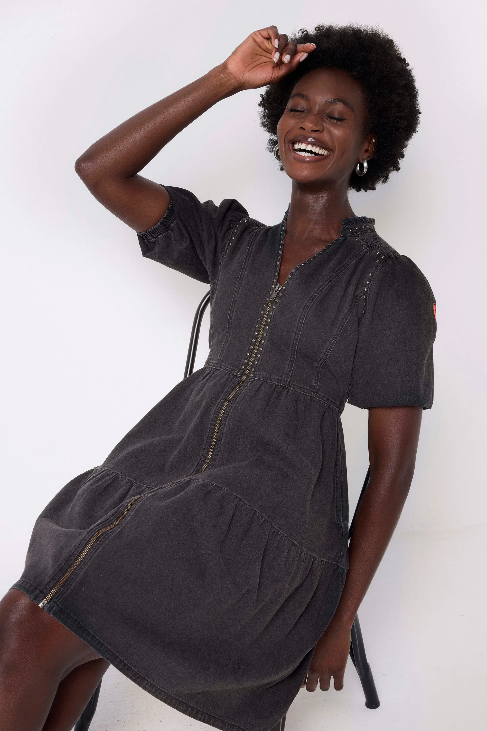 Washed Black Studded Zip Detail Tiered Short Denim Dress Elegant brunch outfit Vintage feel