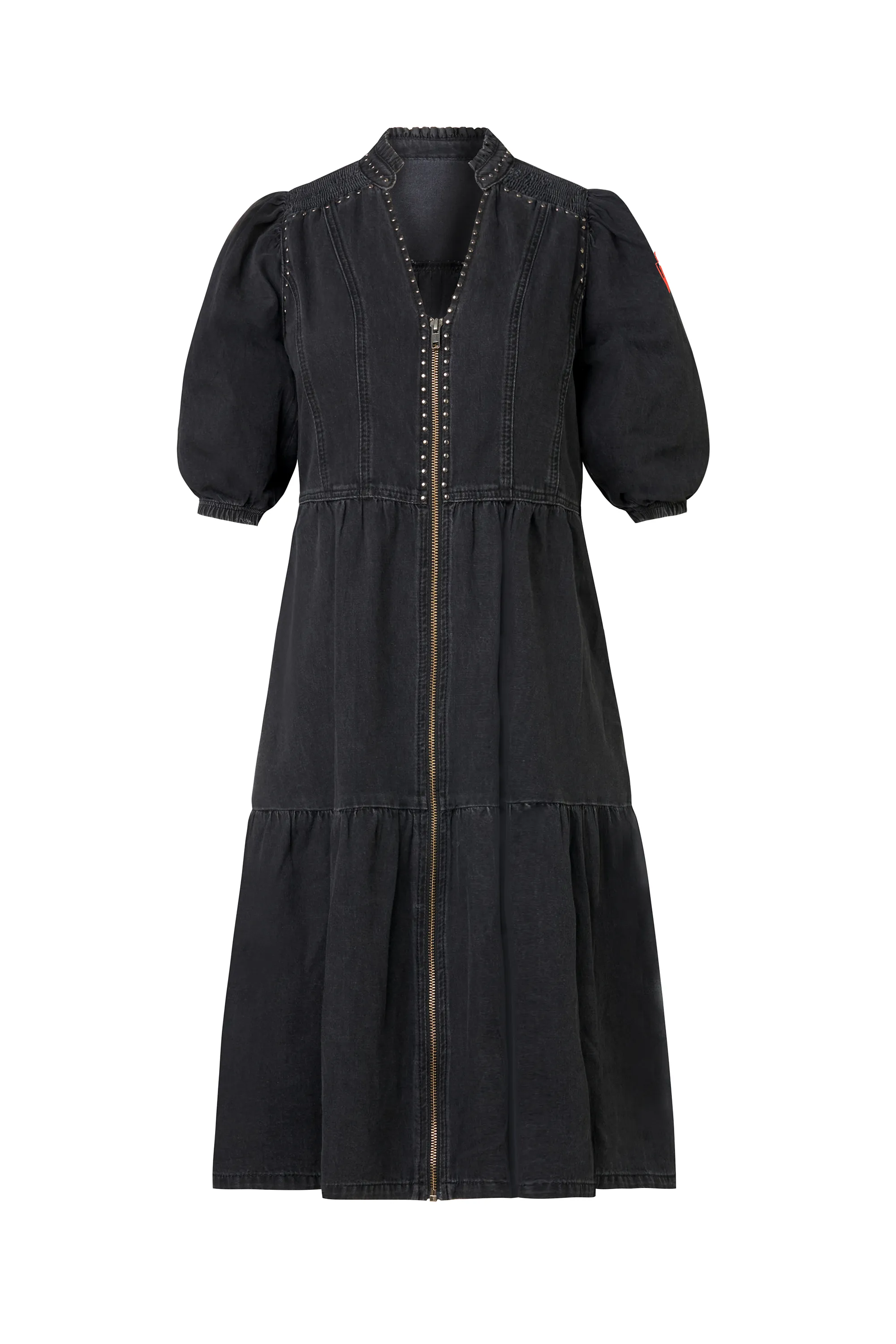 Relaxed Waist Washed Black Studded Zip Detail Tiered Short Denim Dress