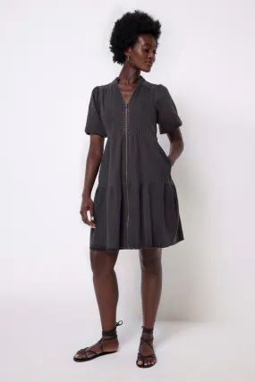 Seasonal Essential One-Shoulder Washed Black Studded Zip Detail Tiered Short Denim Dress
