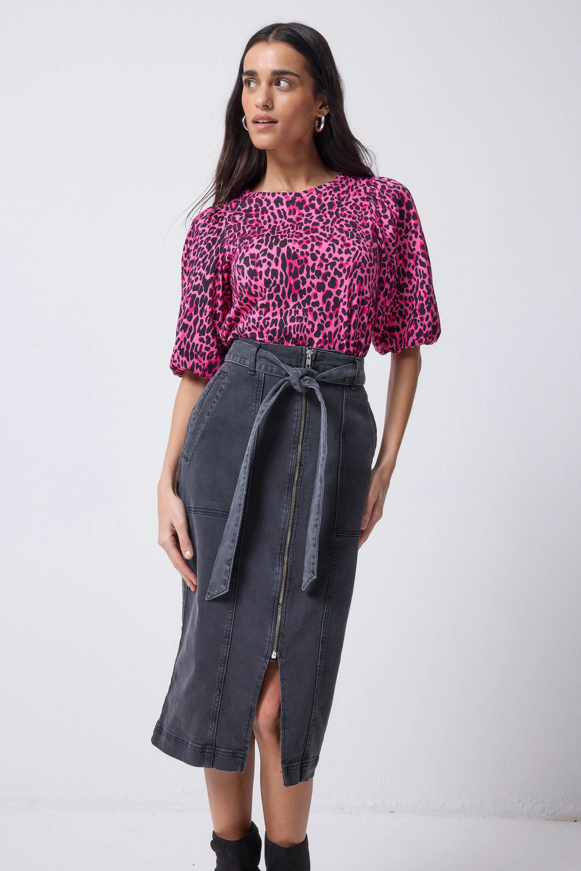Washed Black Zip Detail Denim Midi Skirt Gentle Wear