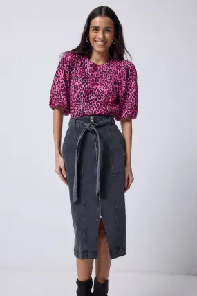 Comfy Wear Washed Black Zip Detail Denim Midi Skirt