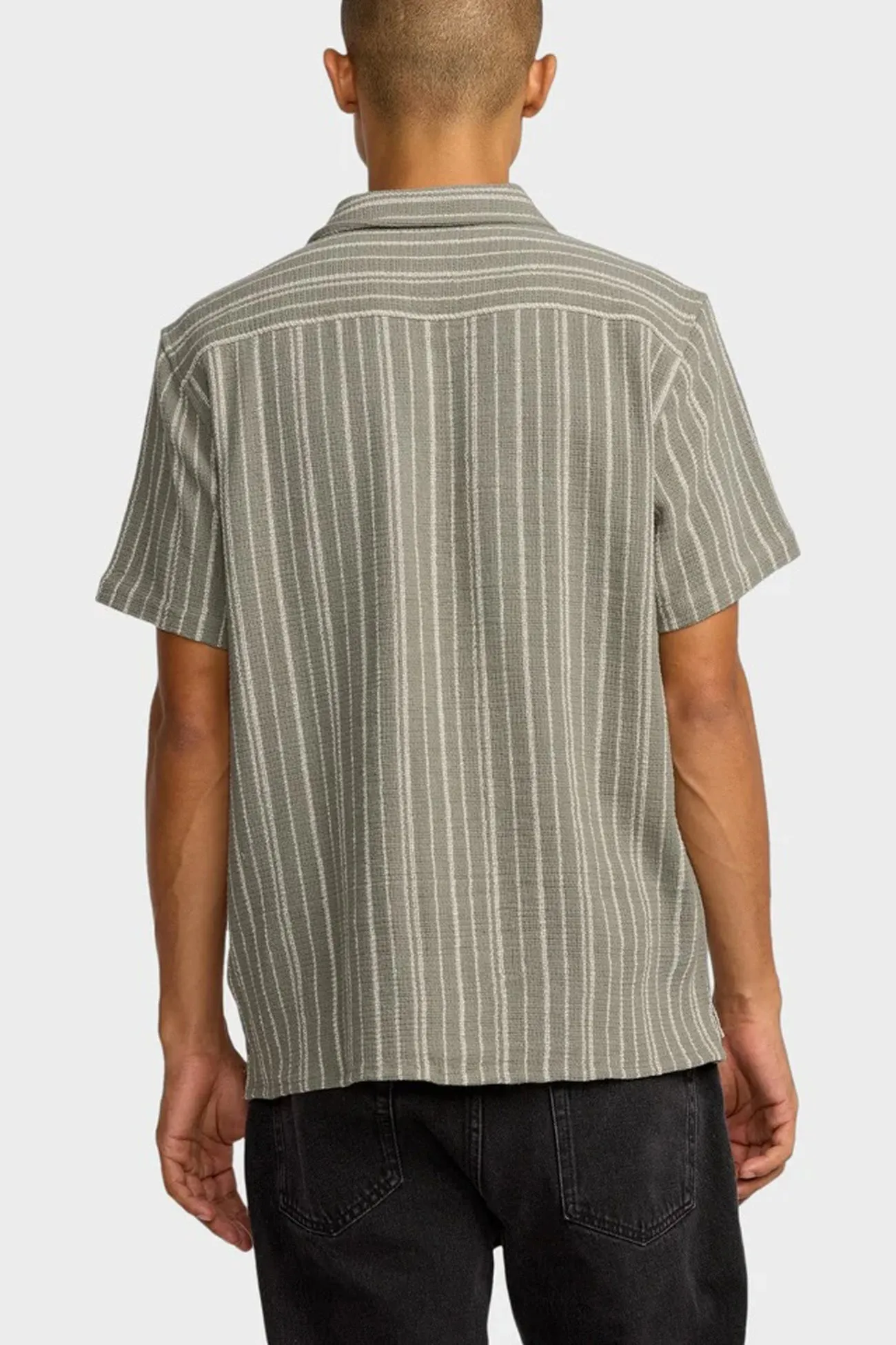 Ethically Sourced Yarn AdjustableCuffSystem Vacancy Stripe Short Sleeve Light Olive