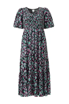 Polished look dress Magic Day Khaki with Pink and Black Mega Leopard Shirred Puff Sleeve Midi Dress