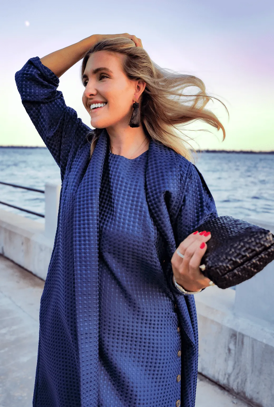 Buru x Megan Stokes Belted Swing Coat - Chelsea Blue Dot Belted Waist
