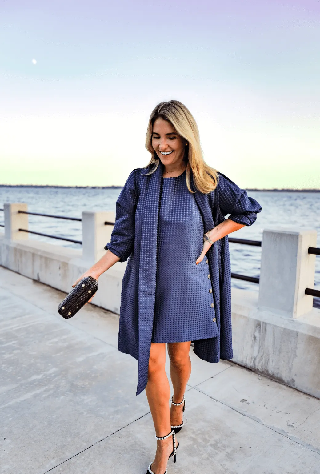 Layer Essential Piece Buru x Megan Stokes Belted Swing Coat - Chelsea Blue Dot