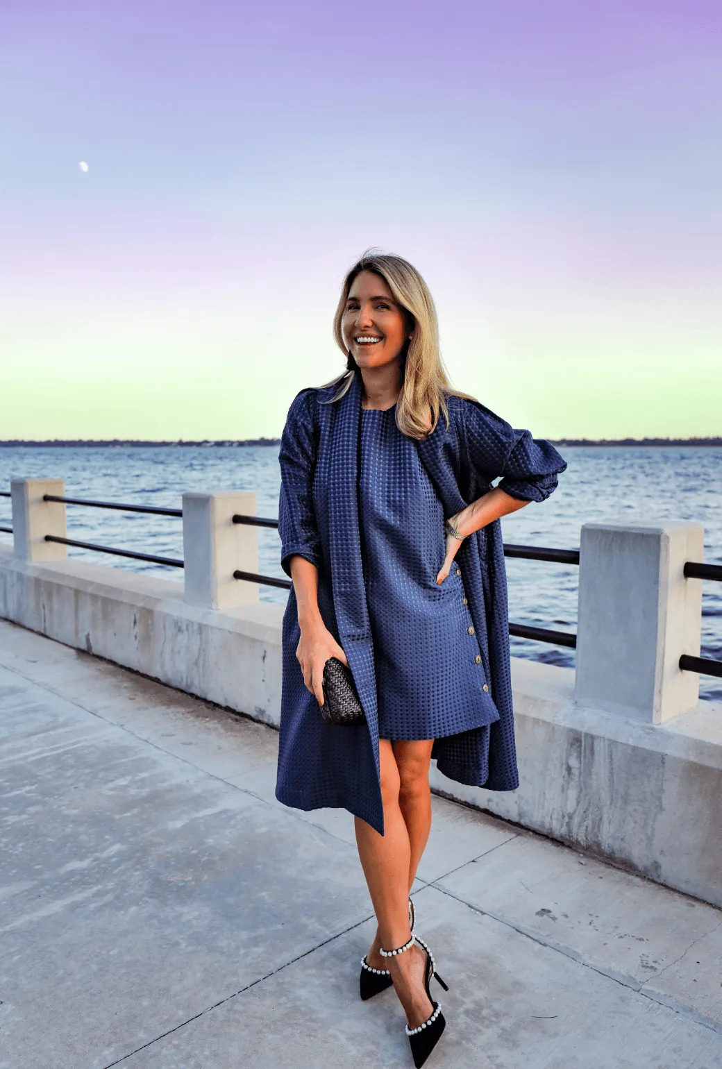 New Cut Stowable Hood Buru x Megan Stokes Belted Swing Coat - Chelsea Blue Dot