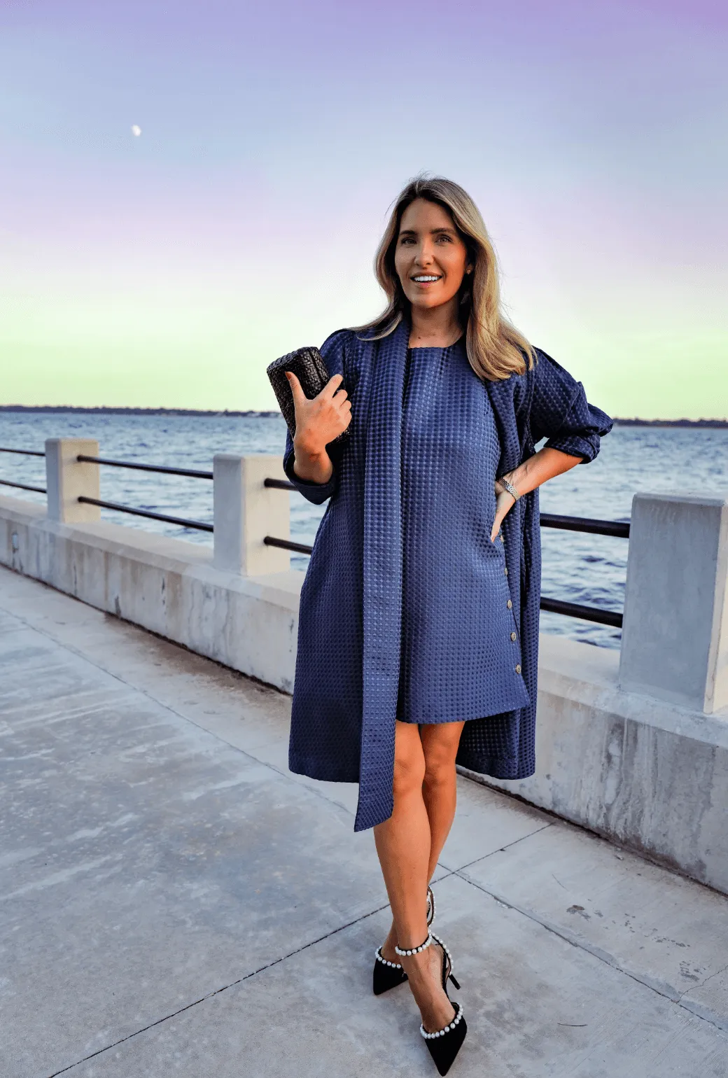 Buru x Megan Stokes Belted Swing Coat - Chelsea Blue Dot Hidden Pocket System Non Chafing Neckline