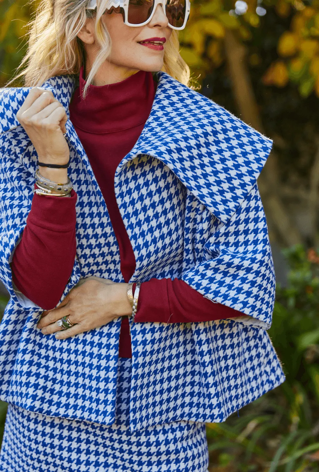 BF Cropped Car Coat -  Blue Houndstooth Casual City