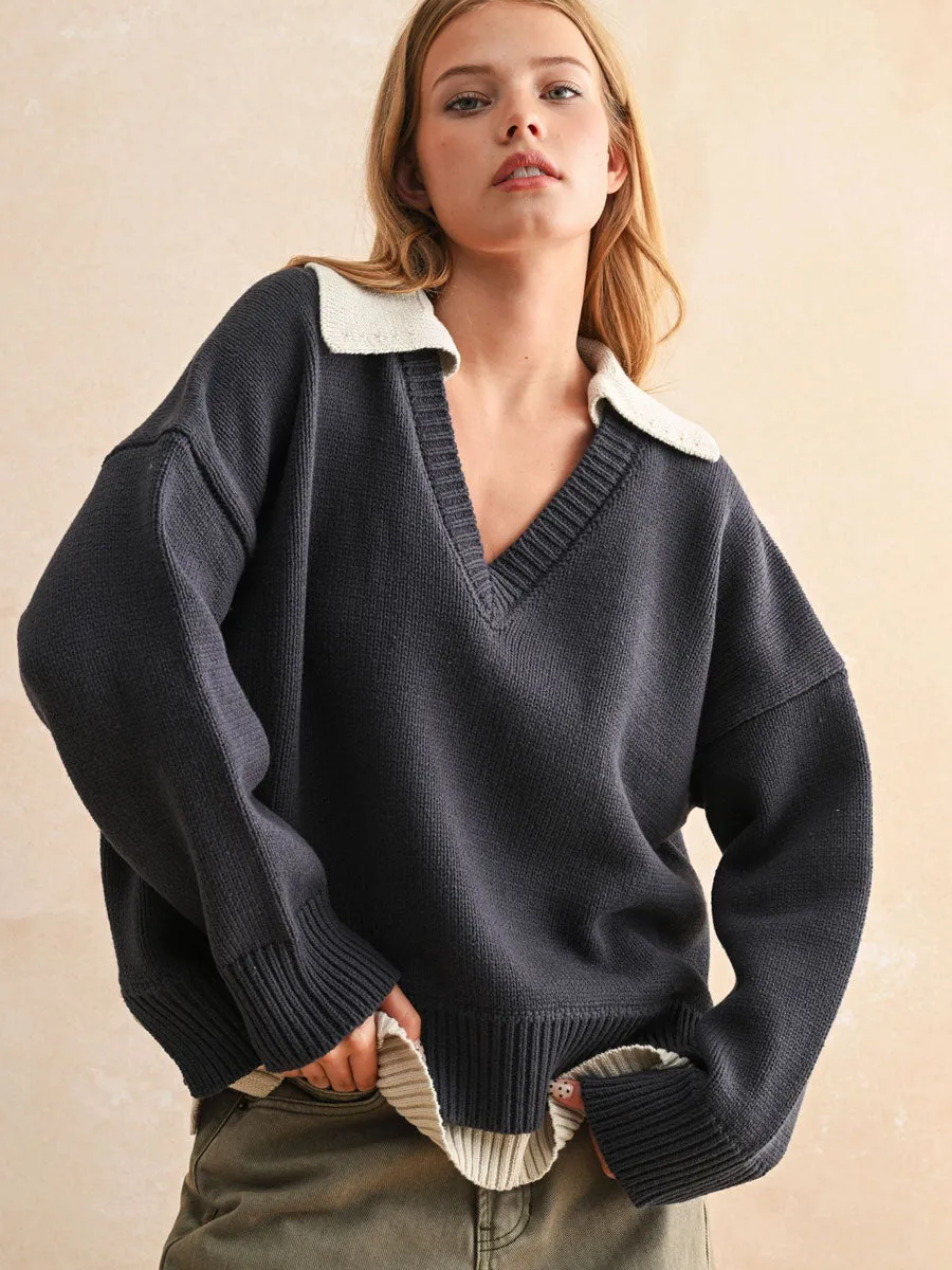 EasyCareFabric COLOR COMBO V-NECK SWEATER - NAVY