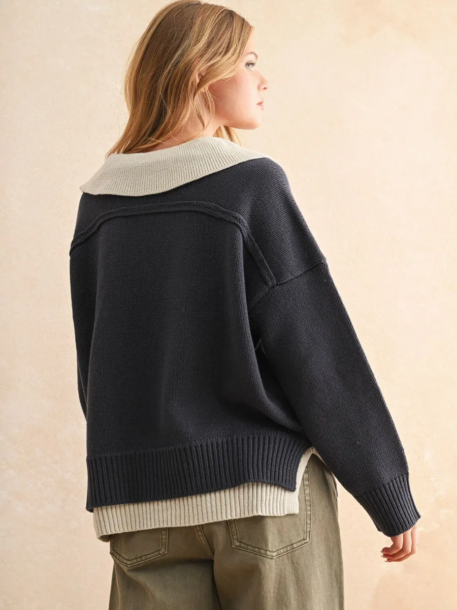COLOR COMBO V-NECK SWEATER - NAVY MoistureWicking Technology