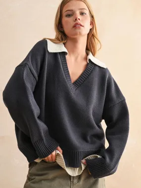 EasyCareFabric COLOR COMBO V-NECK SWEATER - NAVY