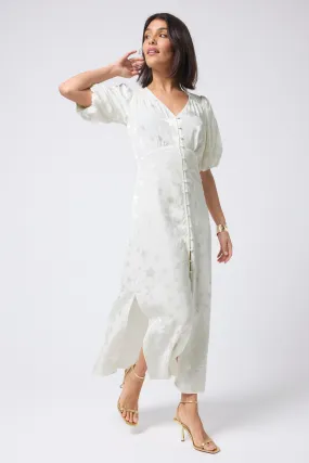 Festive Wear Cocktail Ready White Jacquard Star Puff Sleeve Midi Tea Dress