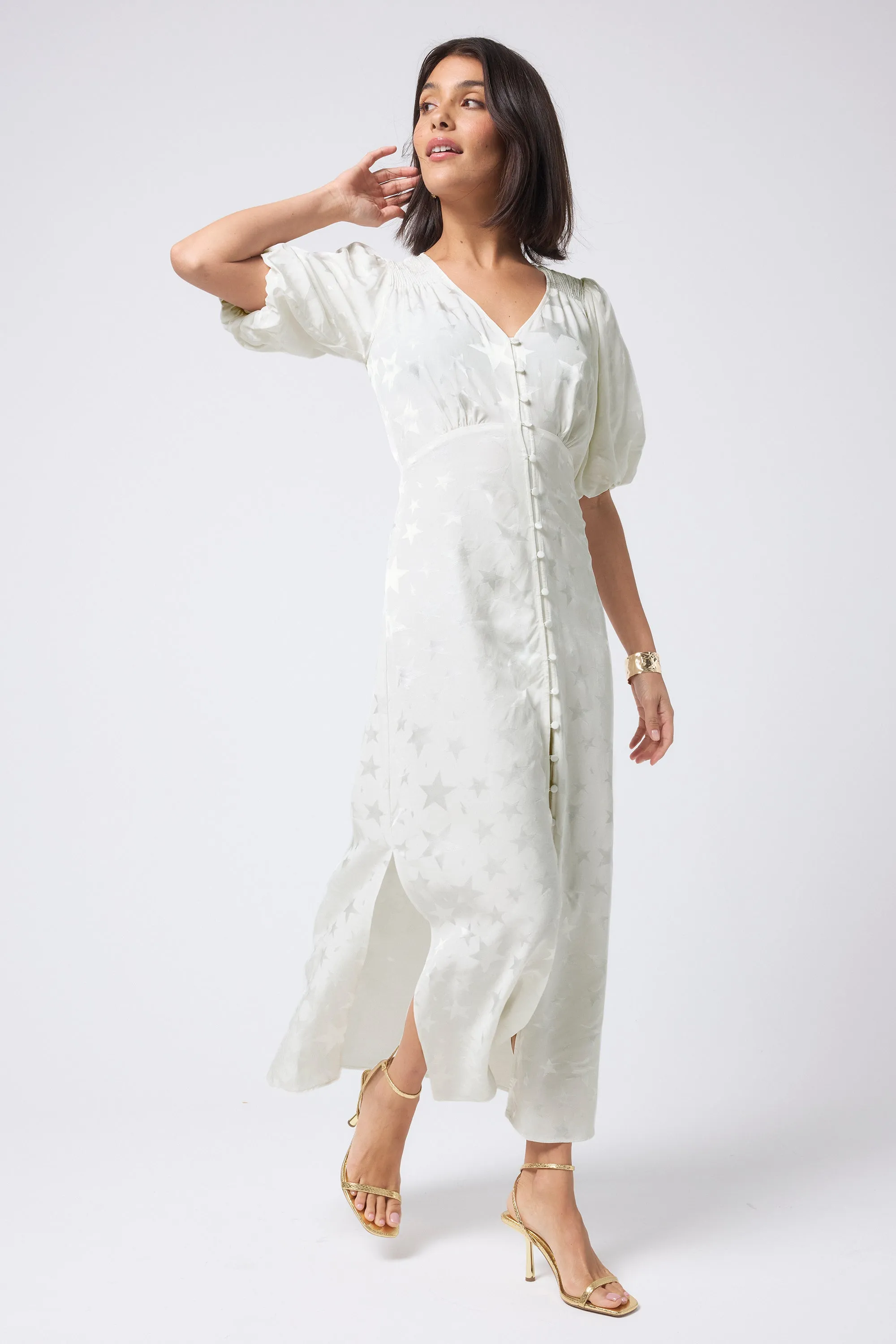 Festive Wear Cocktail Ready White Jacquard Star Puff Sleeve Midi Tea Dress