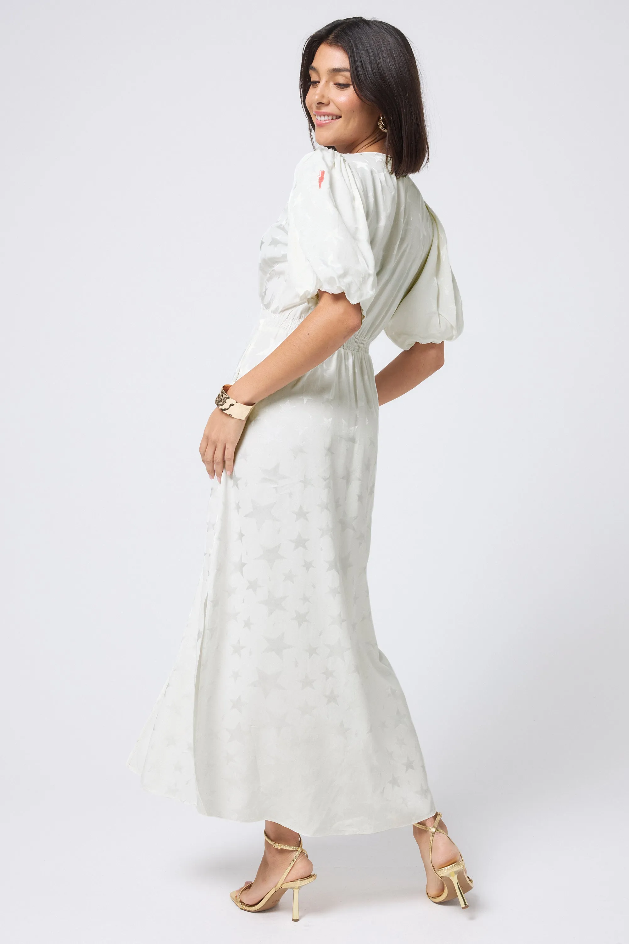 Stream Cut Art Soul White Jacquard Star Puff Sleeve Midi Tea Dress