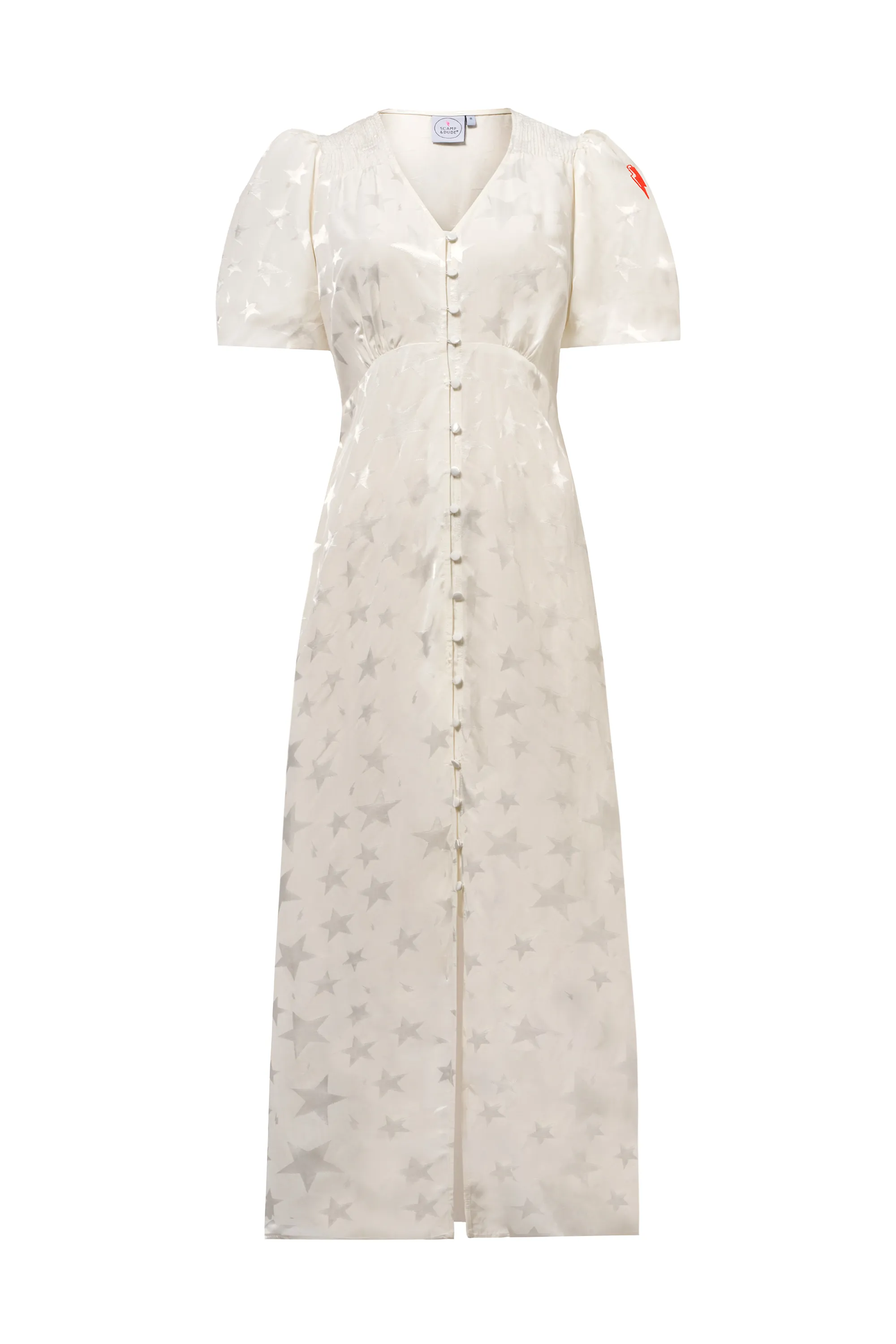 White Jacquard Star Puff Sleeve Midi Tea Dress AdjustableStraps Light Silhouette