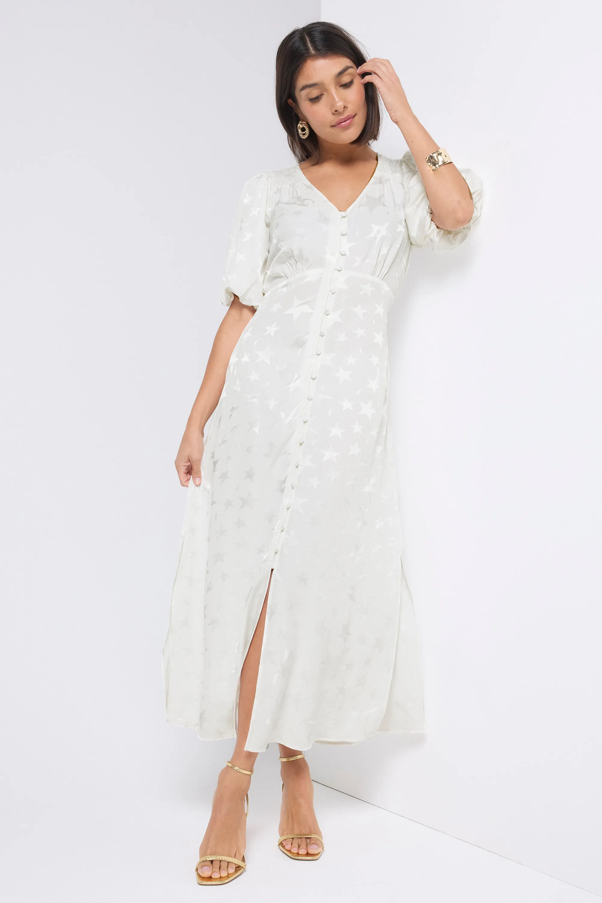 Hidden Zipper Comfortable Design White Jacquard Star Puff Sleeve Midi Tea Dress