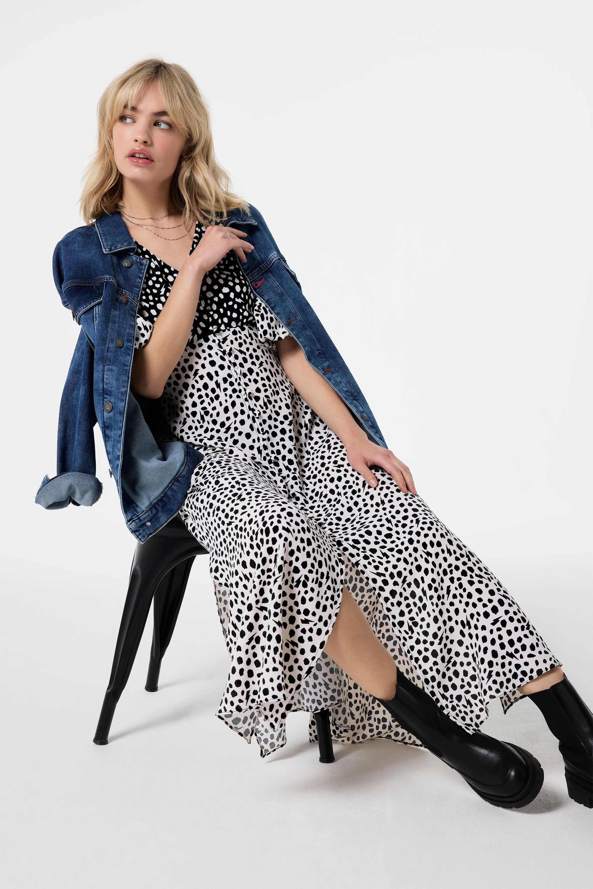 White with Black Mix Cheetah Puff Sleeve Midi Tea Dress Smart and Sleek
