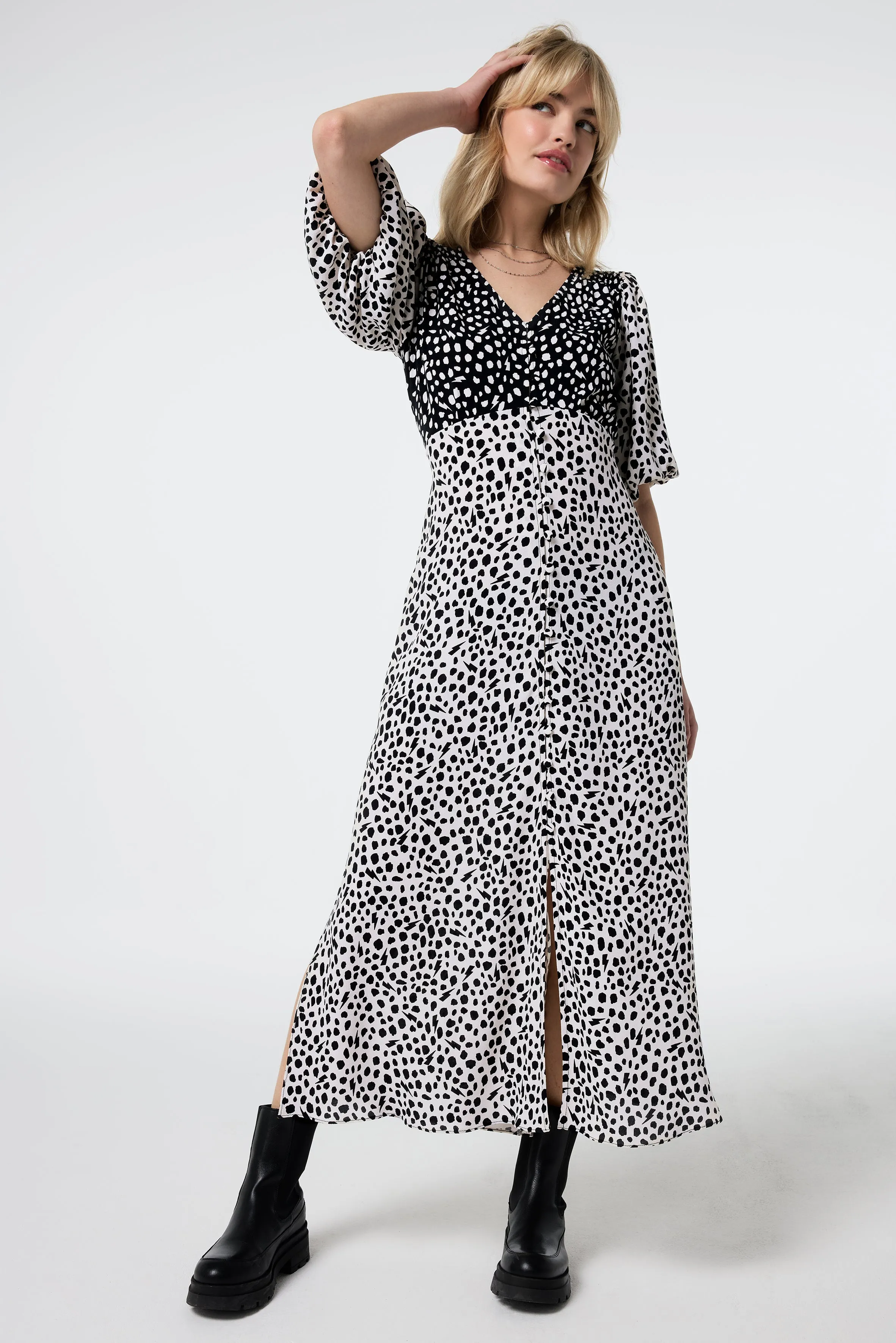 Satin Grace White with Black Mix Cheetah Puff Sleeve Midi Tea Dress