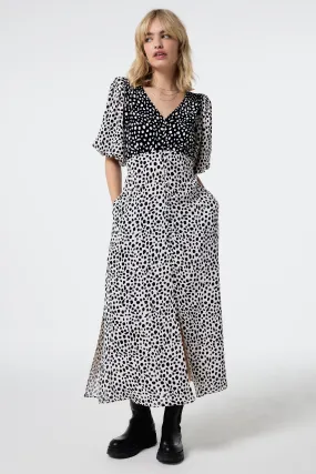 White with Black Mix Cheetah Puff Sleeve Midi Tea Dress Cozy Style Vibrant Layer