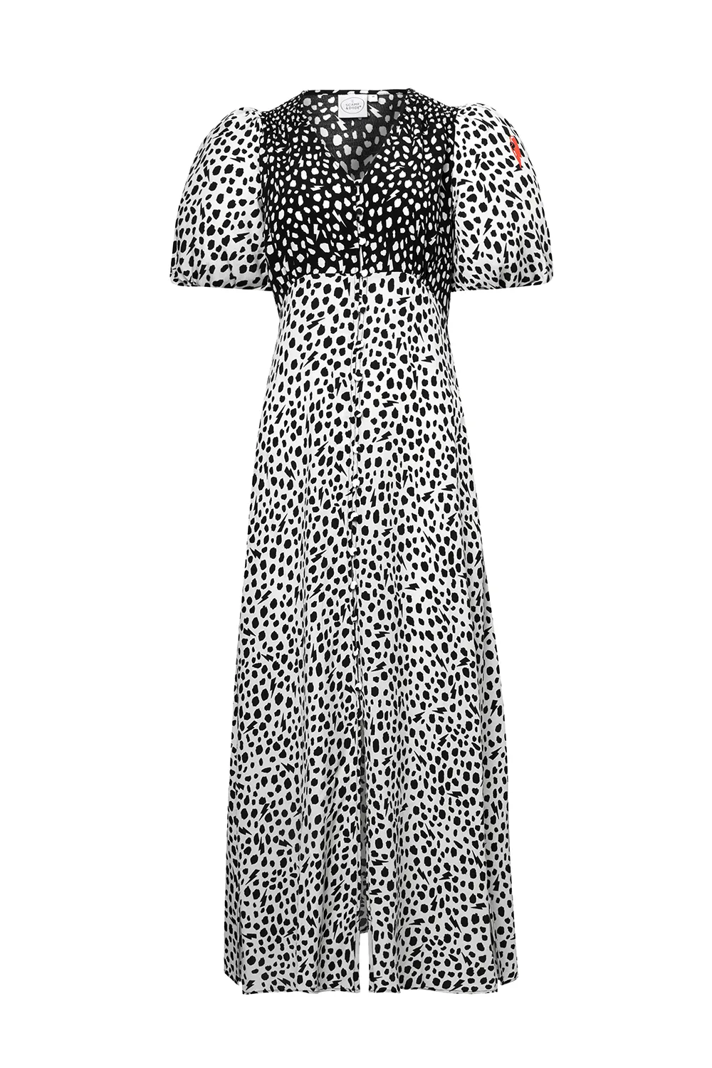 Eye Catching White with Black Mix Cheetah Puff Sleeve Midi Tea Dress