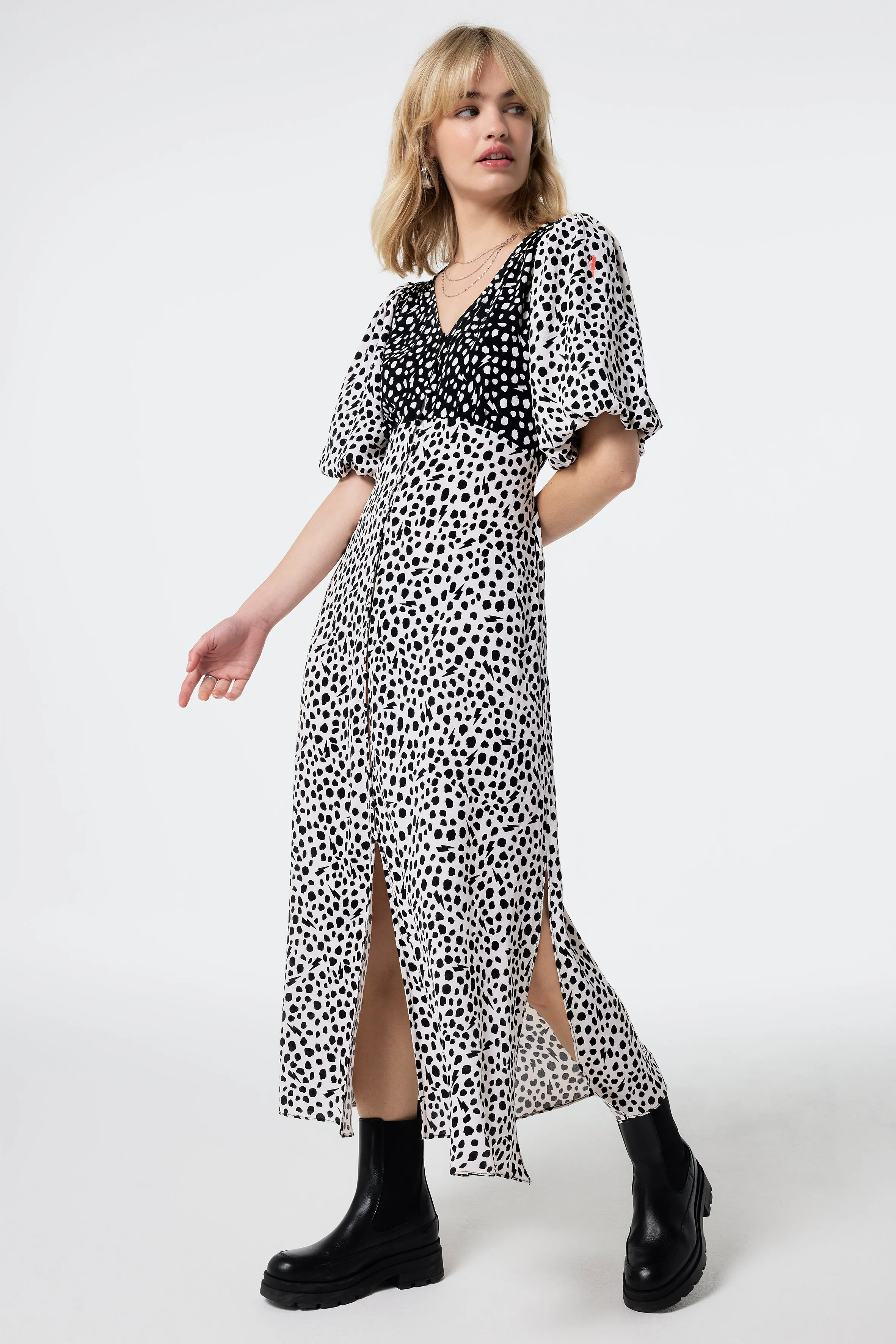 White with Black Mix Cheetah Puff Sleeve Midi Tea Dress Adjustable-Straps