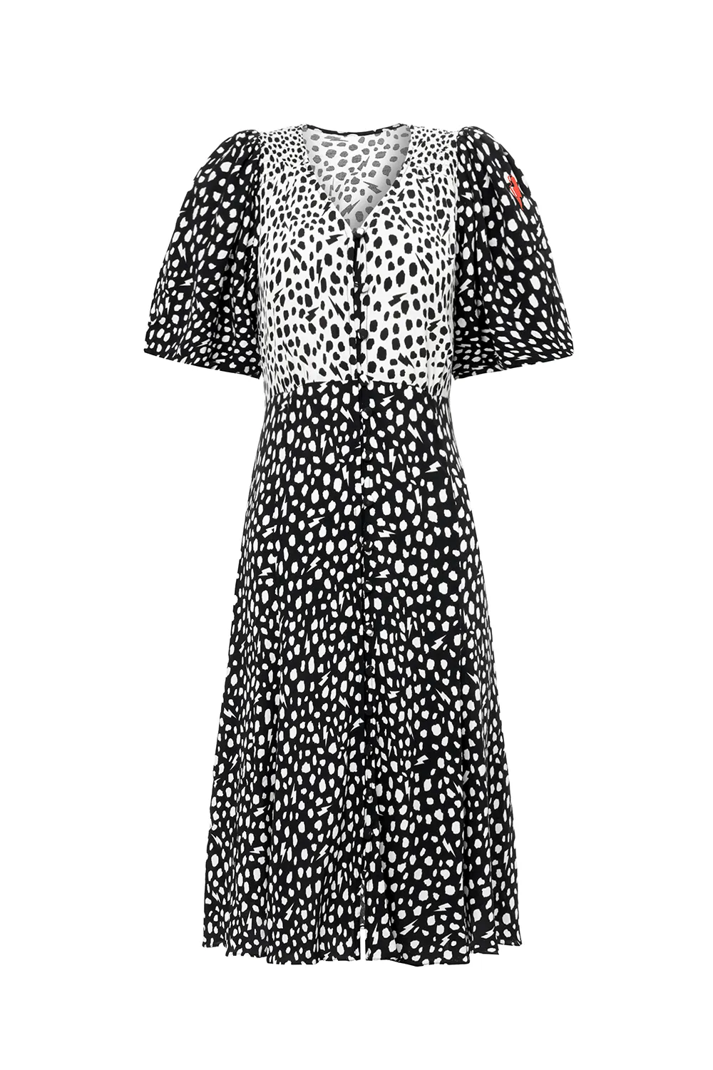 All Season Style White with Black Mix Cheetah Puff Sleeve Short Tea Dress