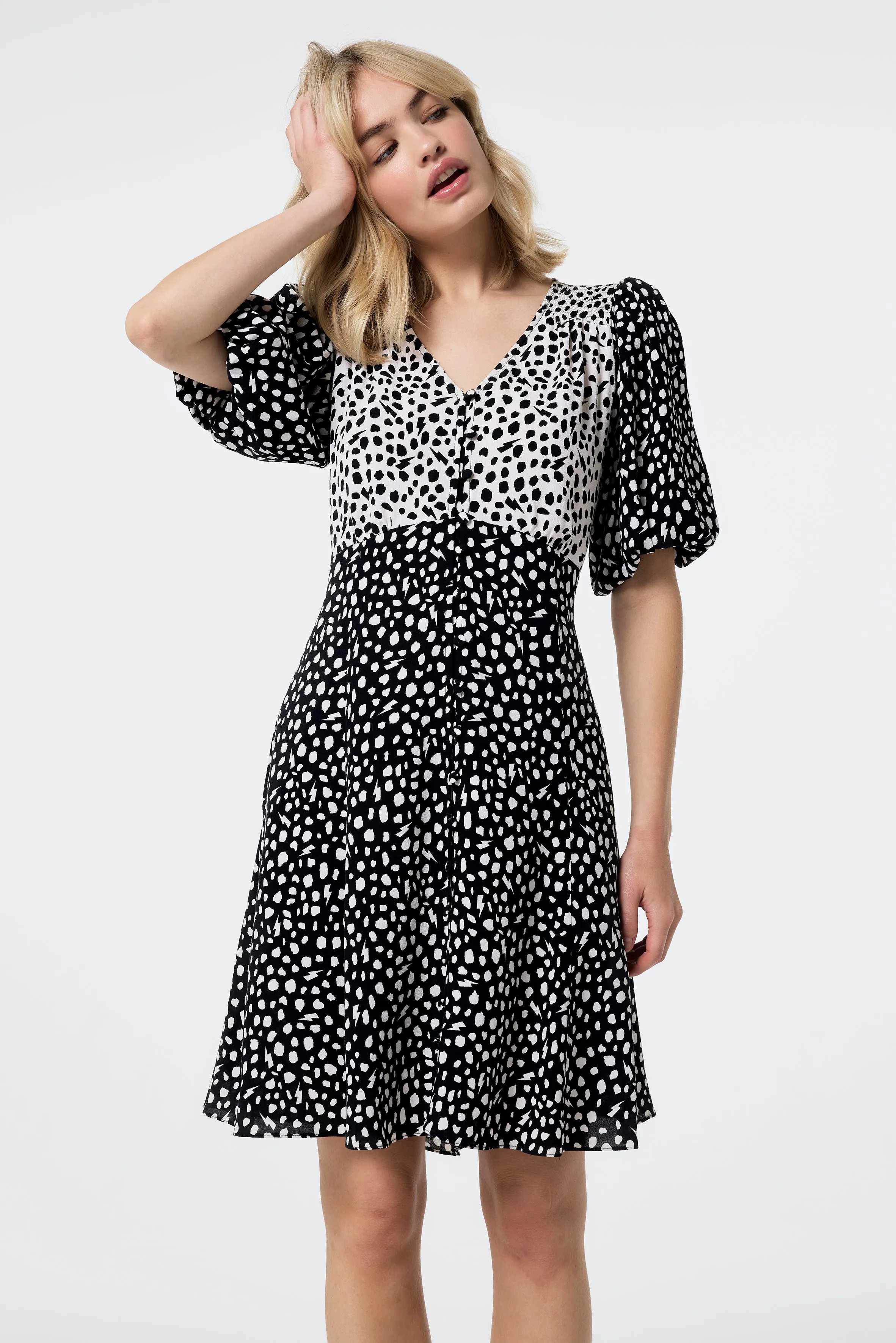 White with Black Mix Cheetah Puff Sleeve Short Tea Dress Scandi Clean