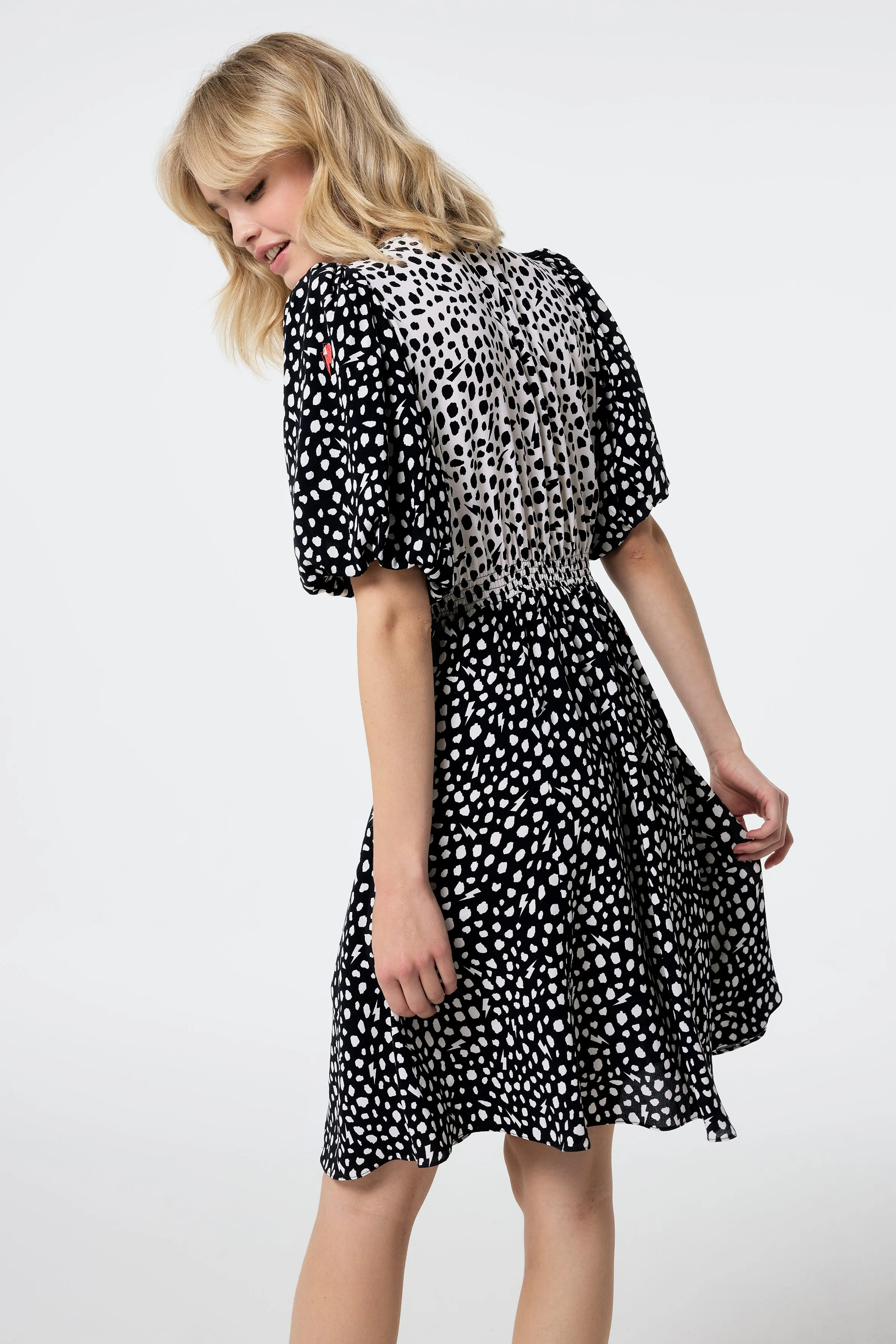 White with Black Mix Cheetah Puff Sleeve Short Tea Dress Winter Layering FoldablePackaging