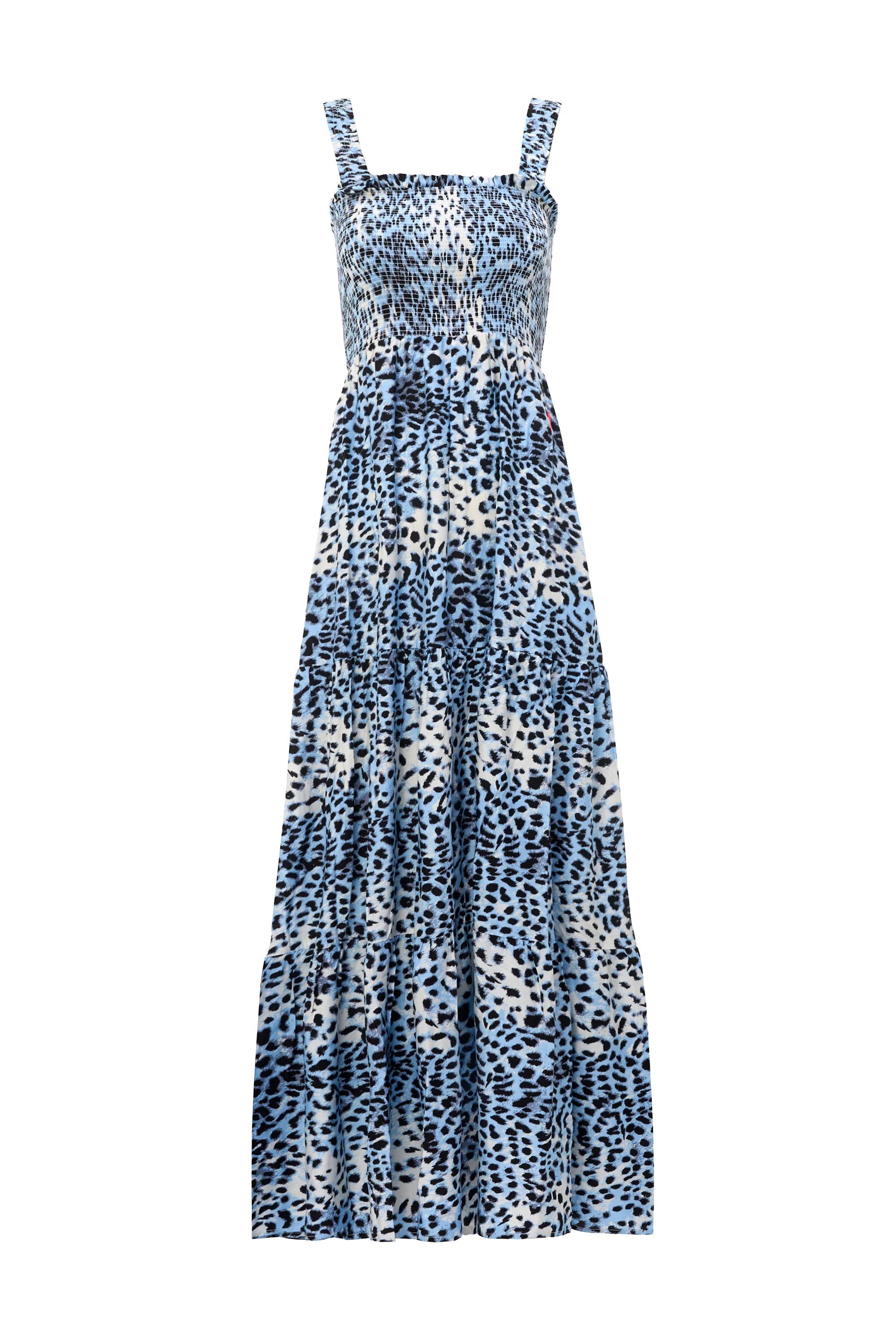Feminine Comfort White with Blue and Grey Cheetah Maxi Sundress