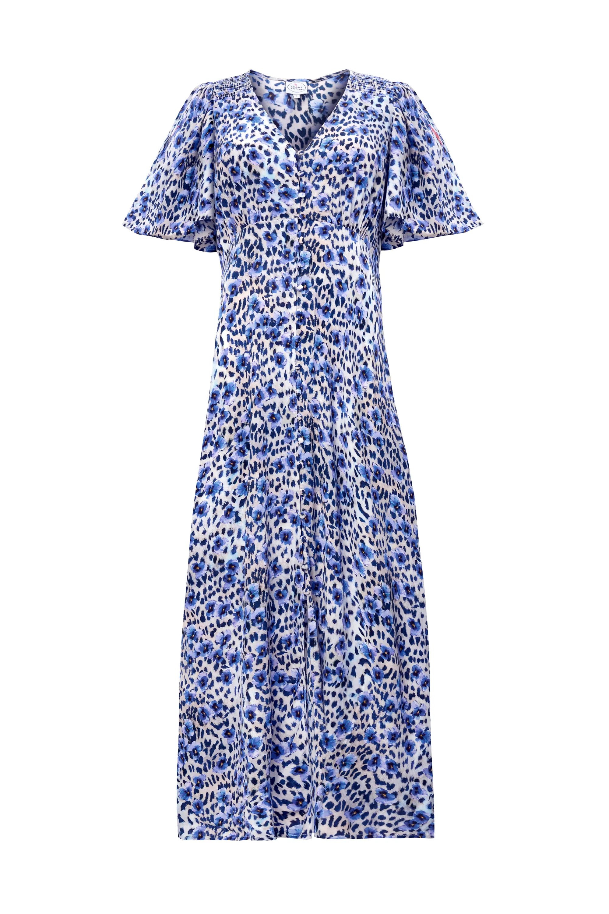 Smooth Blend White with Blue Floral Cheetah Print Angel Sleeve Midi Tea Dress