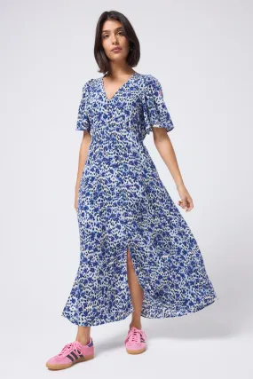 Light Coral White with Blue Floral Cheetah Print Angel Sleeve Midi Tea Dress