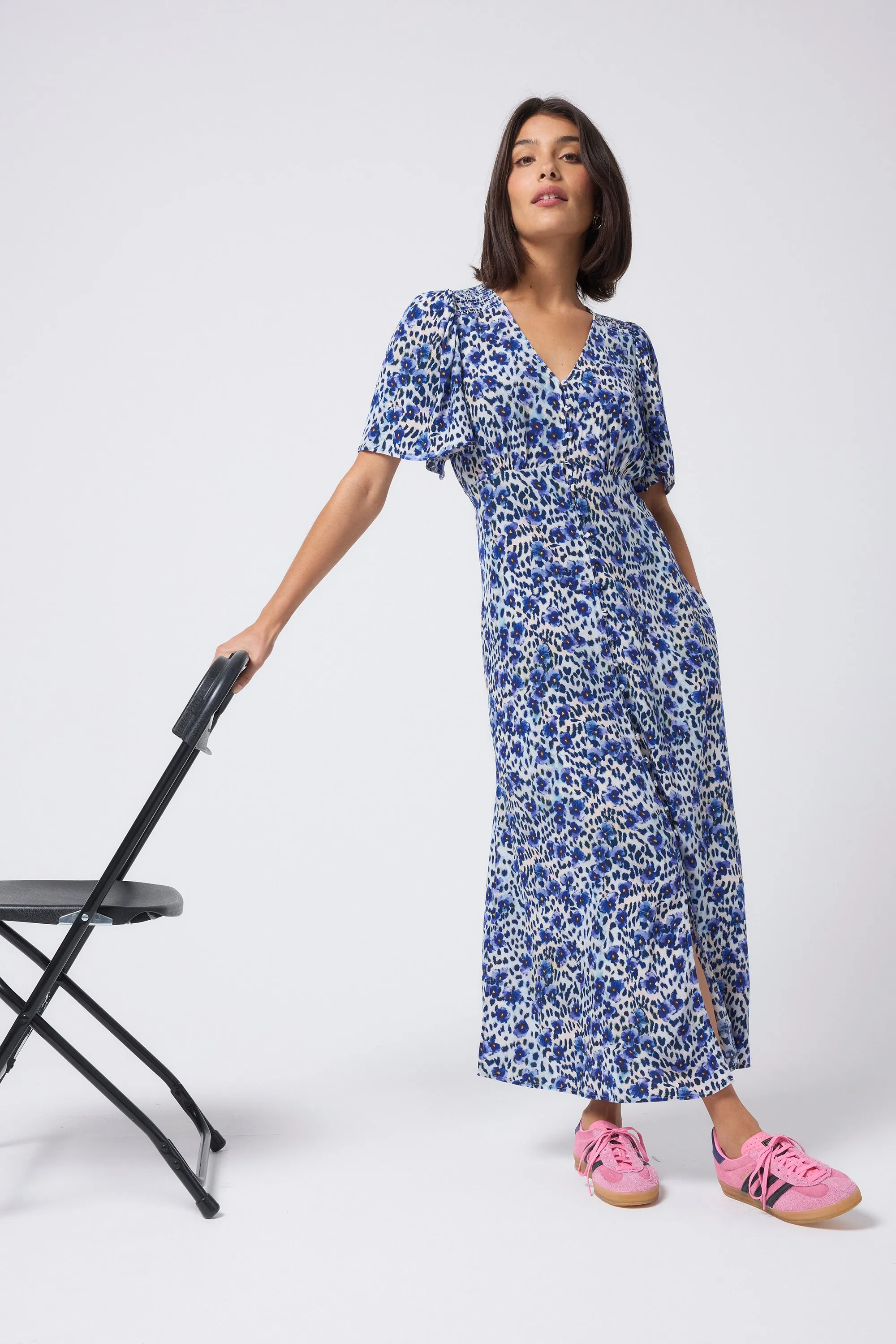FadeResistantColor White with Blue Floral Cheetah Print Angel Sleeve Midi Tea Dress