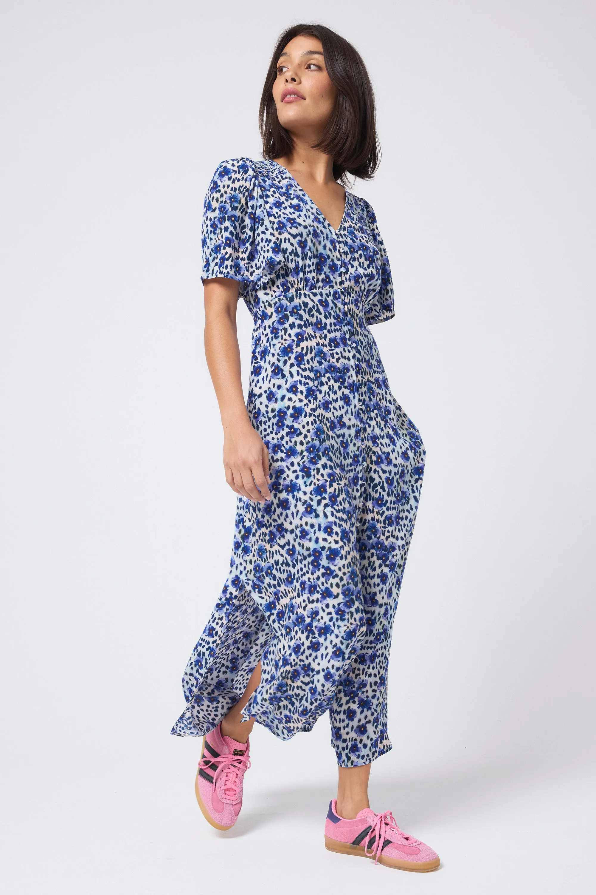 White with Blue Floral Cheetah Print Angel Sleeve Midi Tea Dress Repair-Friendly