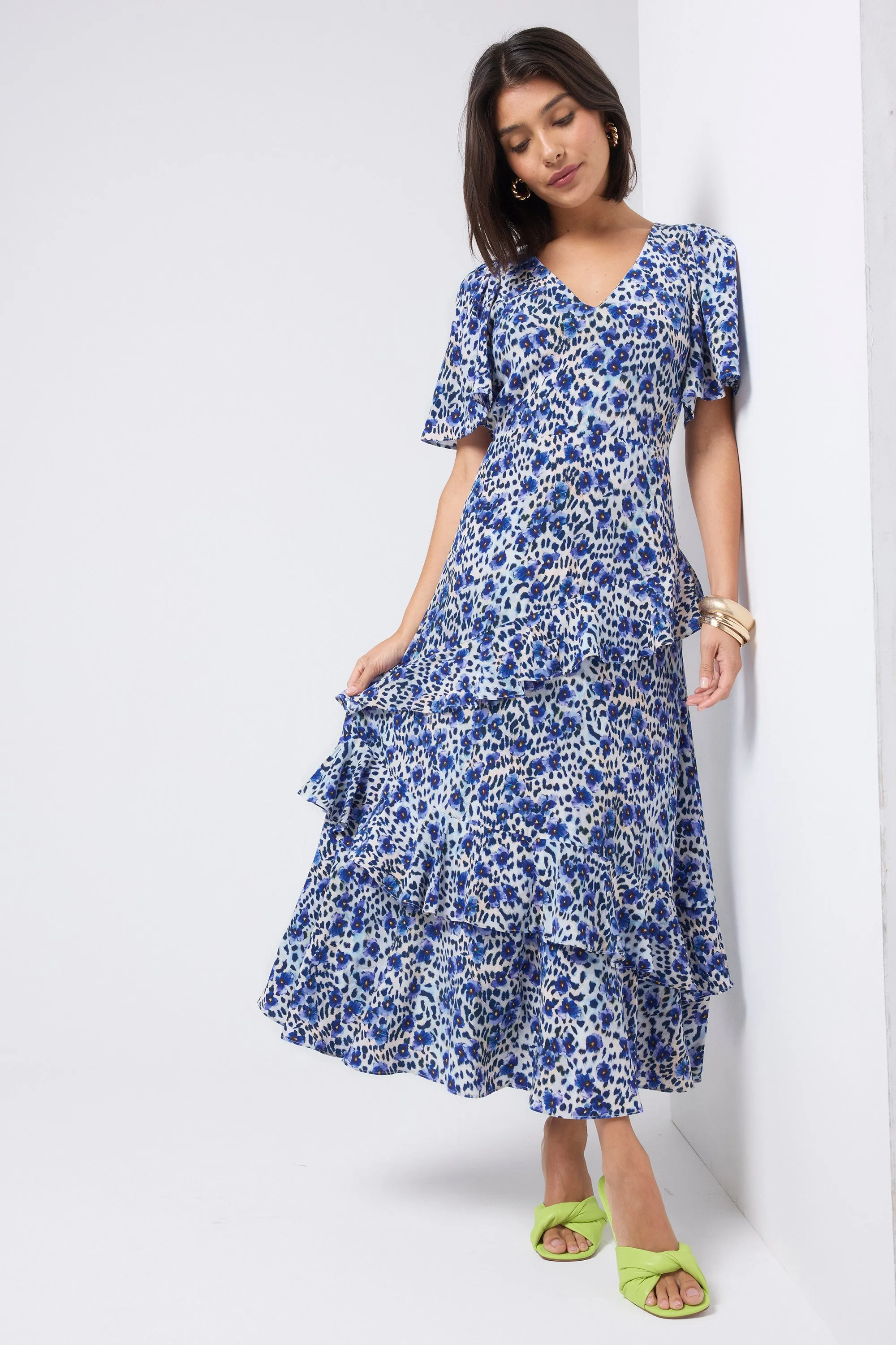 Flare Breeze Stylish Waist Fit White with Blue Floral Cheetah Print Ruffle Detail Midi Dress