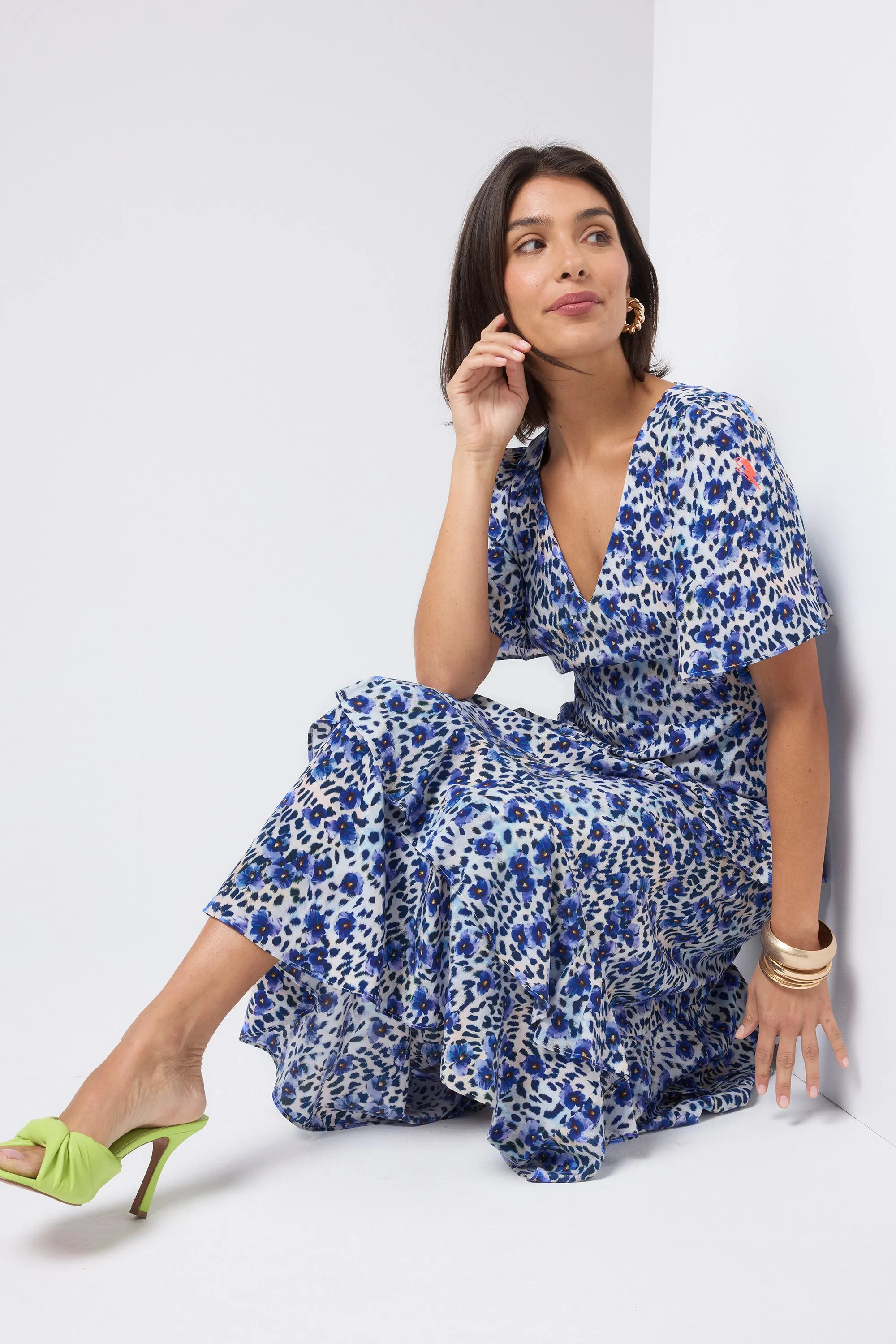 White with Blue Floral Cheetah Print Ruffle Detail Midi Dress Night Vibes Urban Chic