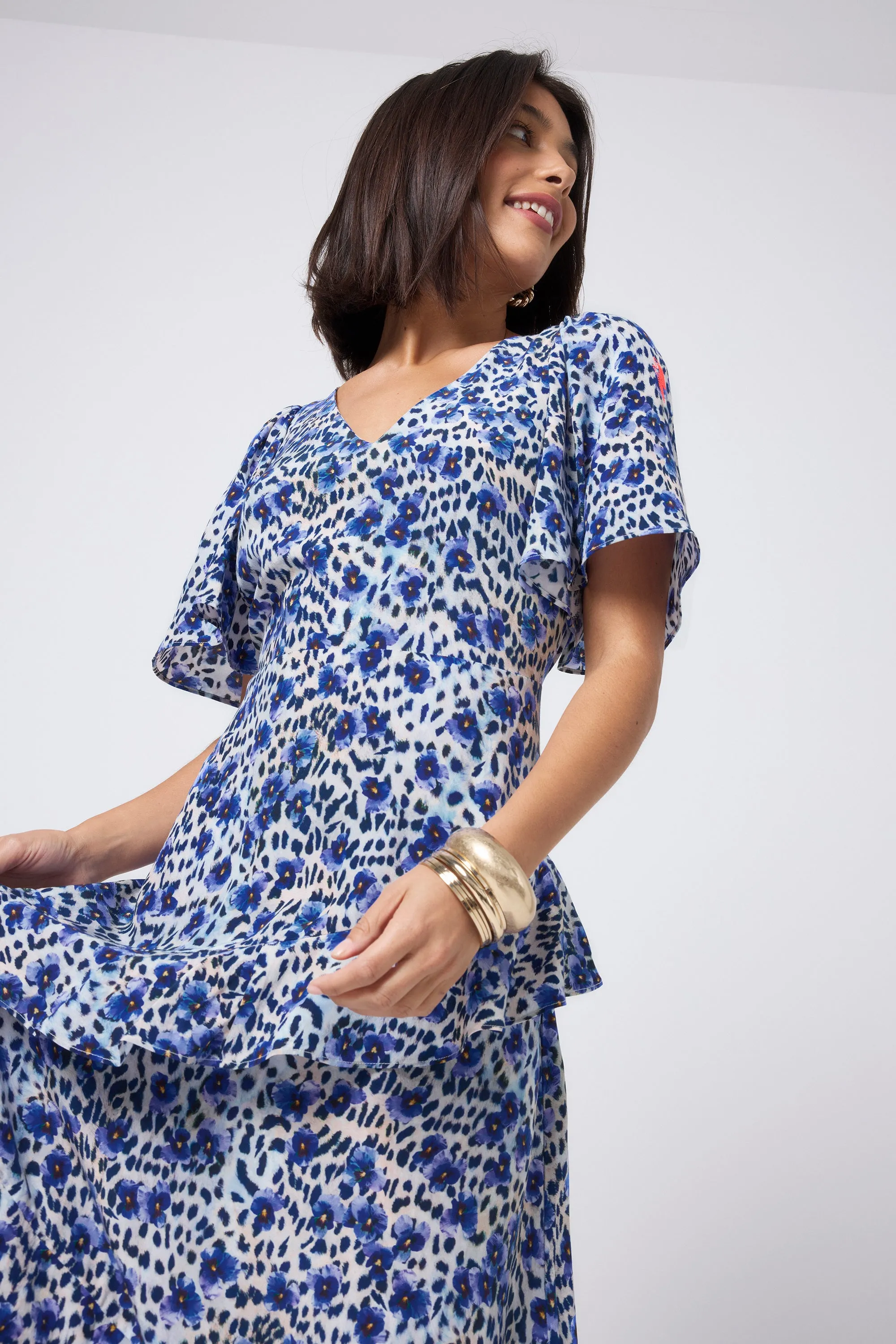 White with Blue Floral Cheetah Print Ruffle Detail Midi Dress Adjustable-Straps