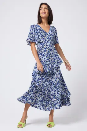 All-season garment White with Blue Floral Cheetah Print Ruffle Detail Midi Dress