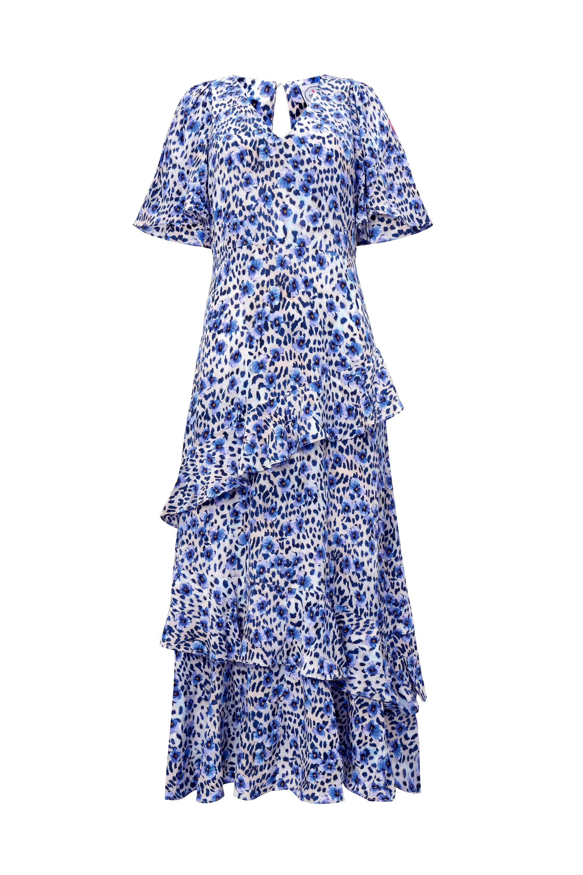 White with Blue Floral Cheetah Print Ruffle Detail Midi Dress Casual Waist Stylish Waistband Design