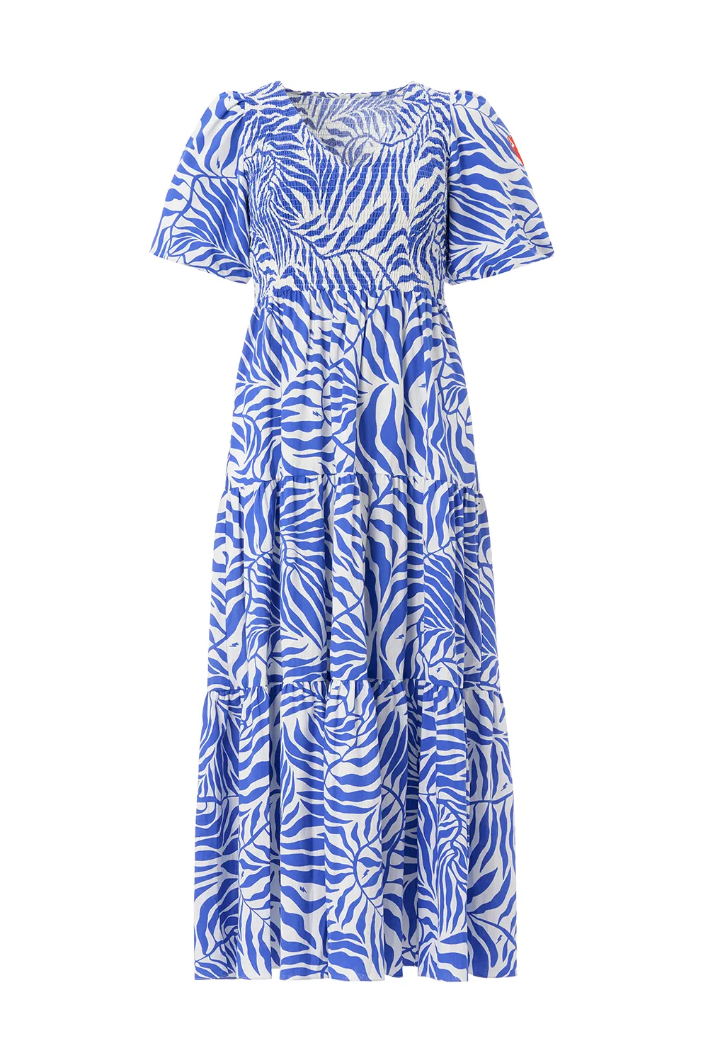 White with Blue Palm Shirred Puff Sleeve Maxi Dress Travel-Style Cozy Vibe