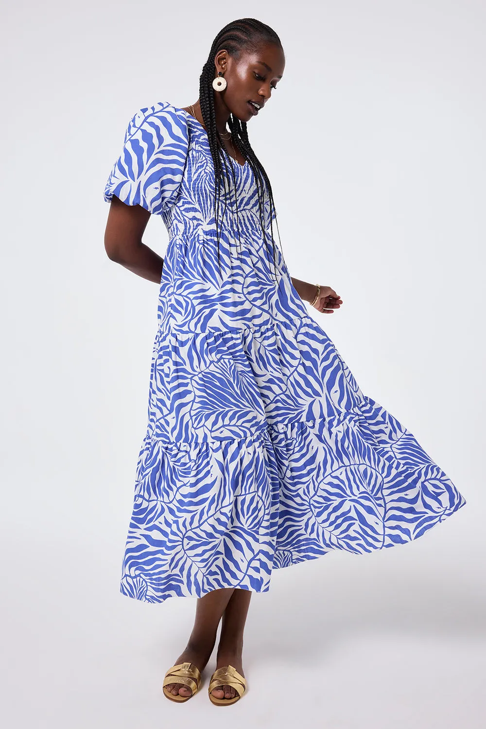 White with Blue Palm Shirred Puff Sleeve Maxi Dress Subtle Comfort