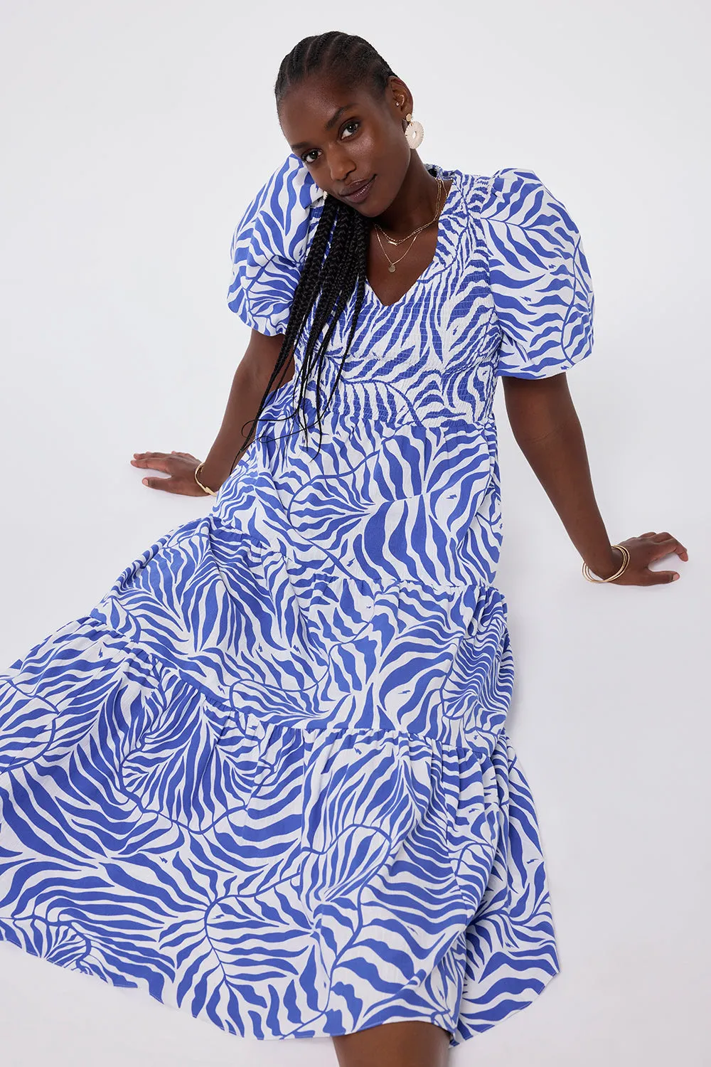 White with Blue Palm Shirred Puff Sleeve Maxi Dress Relax Flex