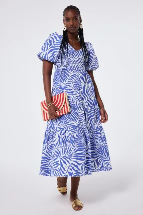 White with Blue Palm Shirred Puff Sleeve Maxi Dress Airy Silk Feminine full-length gown