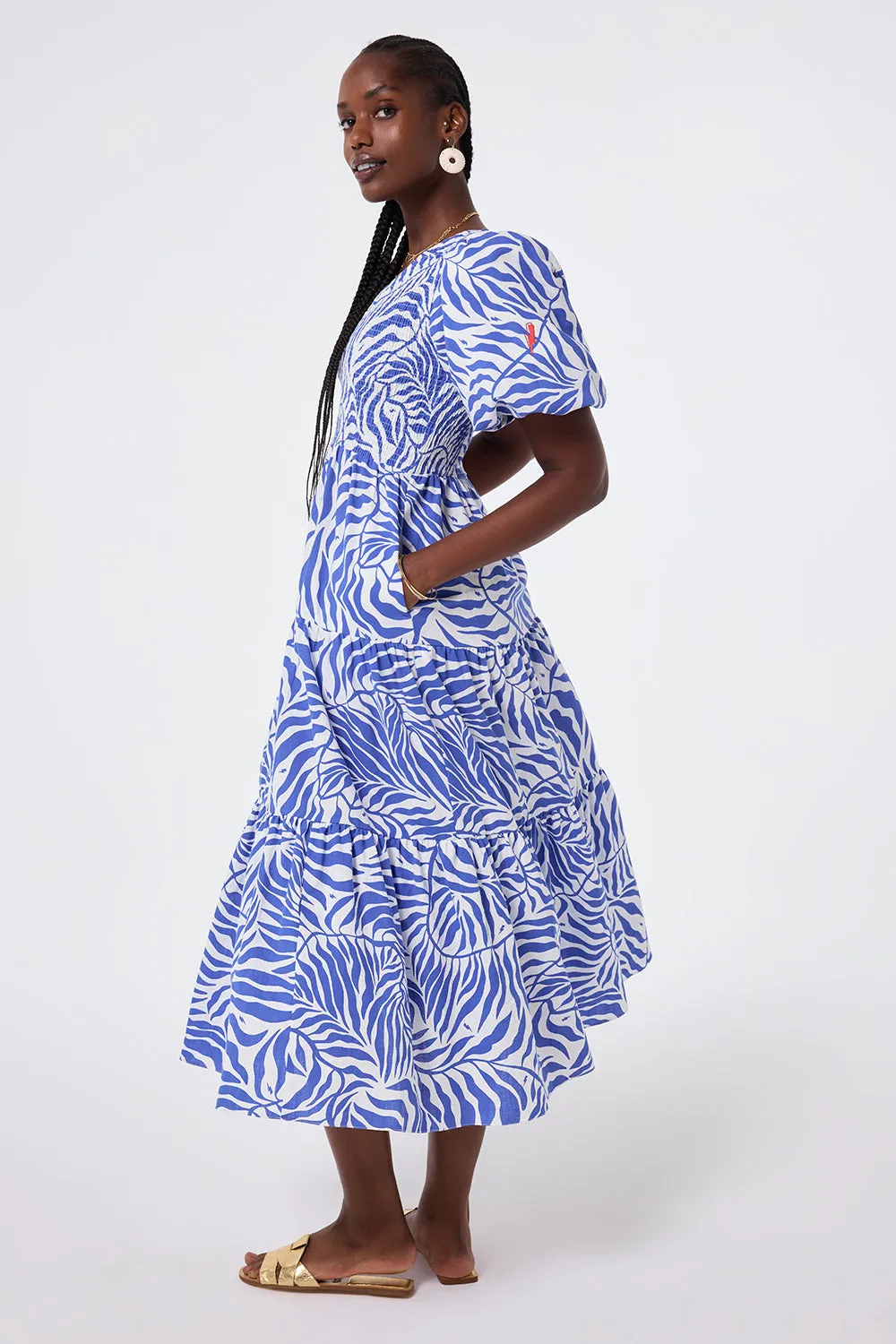 Sophisticated Style White with Blue Palm Shirred Puff Sleeve Maxi Dress