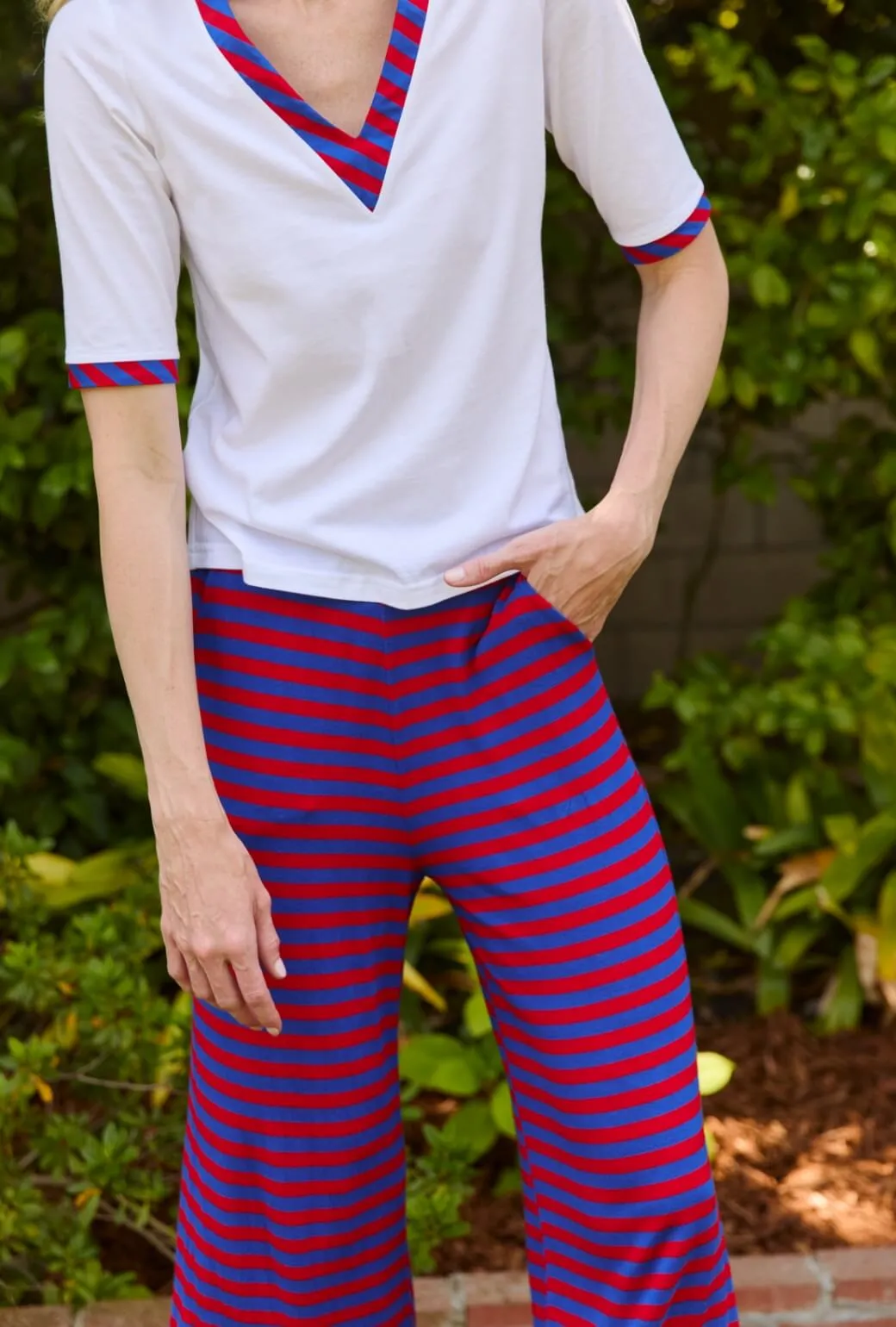 Wide Leg Knit Trouser - Red & Blue Stripe Comfortable Fabric Sporty Style