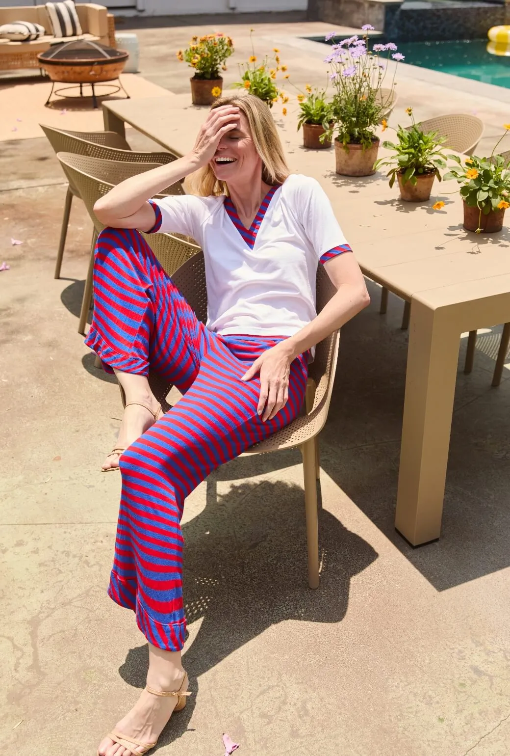 EcoFriendlyDye Bonded Seam Technology Wide Leg Knit Trouser - Red & Blue Stripe
