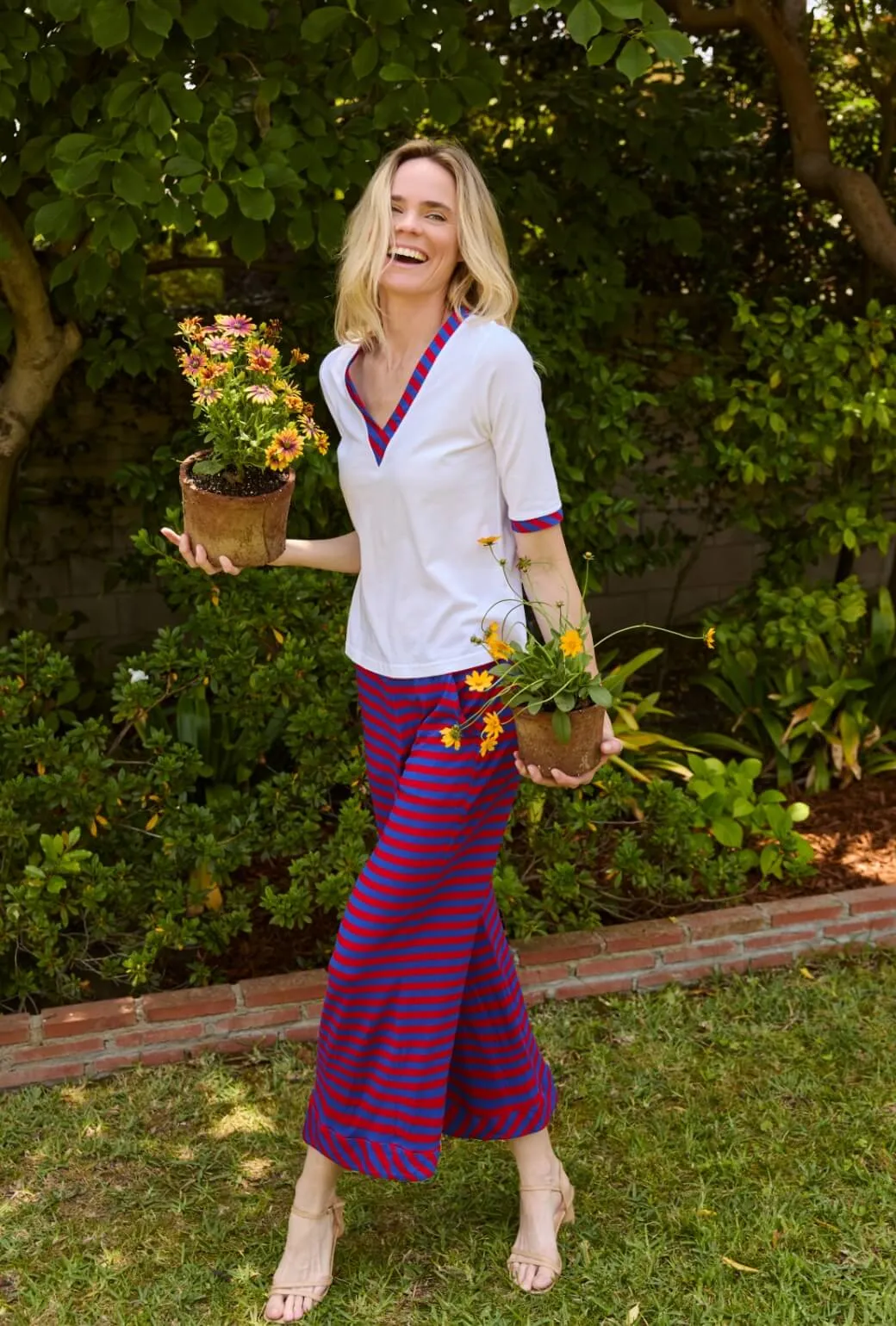 Wide Leg Knit Trouser - Red & Blue Stripe QuickDryTech