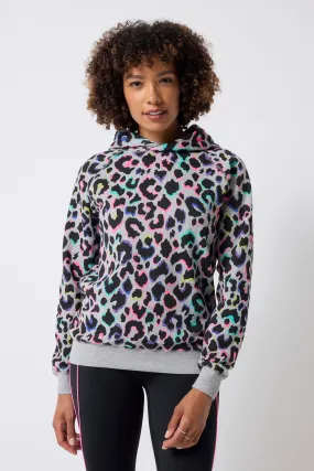 Stretchable Waist Layered Hem Design Light Grey with Rainbow Shadow Leopard Hoodie