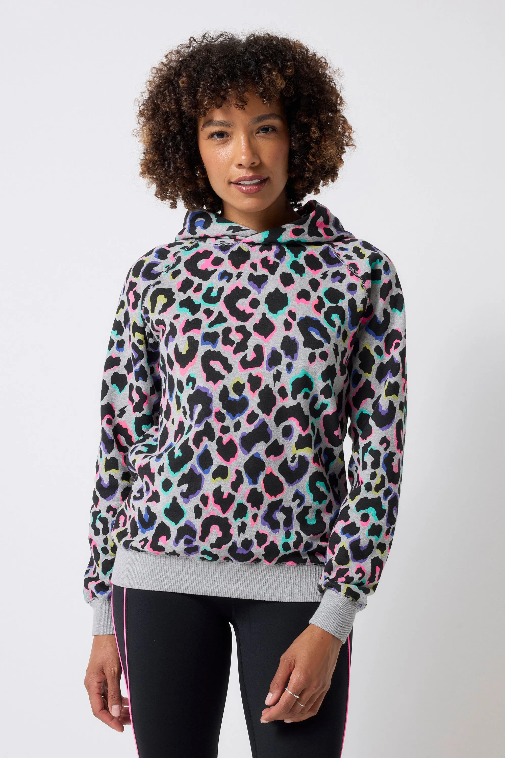 Stretchable Waist Layered Hem Design Light Grey with Rainbow Shadow Leopard Hoodie