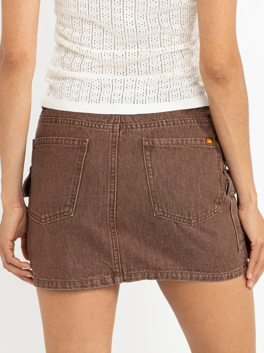 CARGO DENIM MINI SKIRT - DARK BROWN Easy Motion Flexible Waist