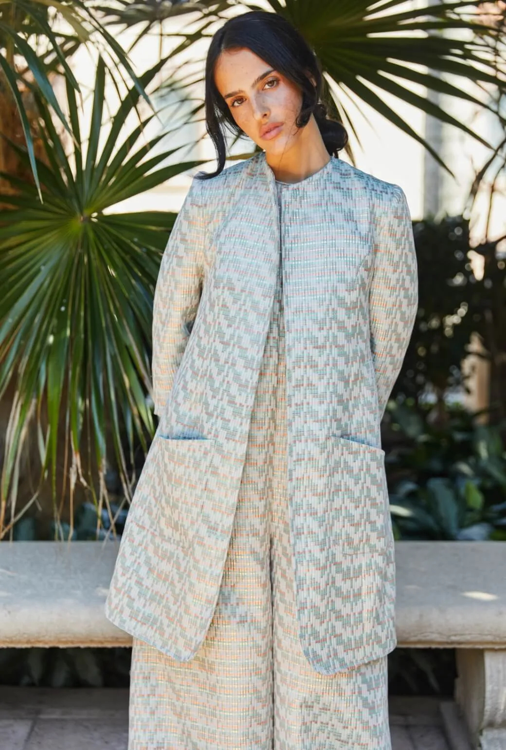 Tech Use No Static Walking Coat - Aqua Channels Brocade